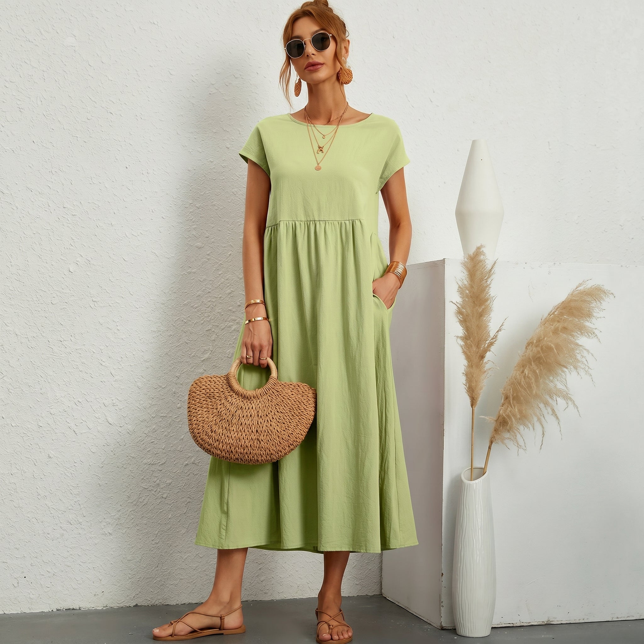 Inês - Vestido Midi em Algodão com Bolsos